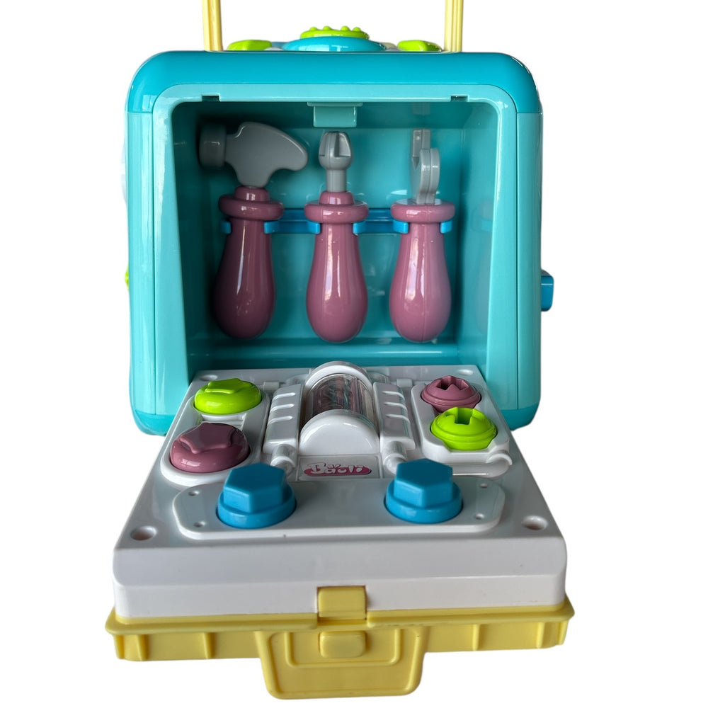 Toy medical set with tools and compartments on a white background