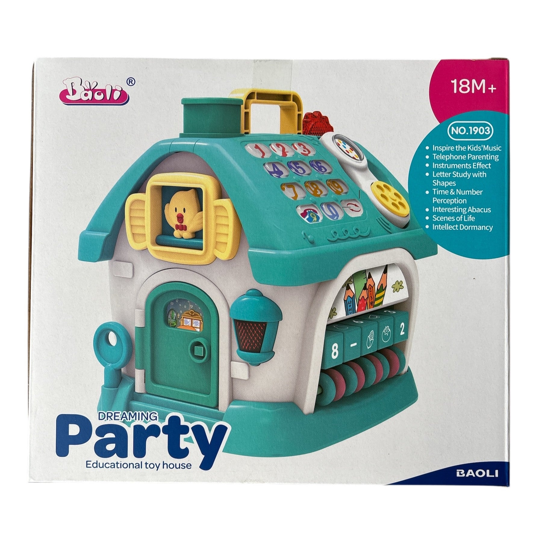 Educational toy house packaging with colorful design on a white background