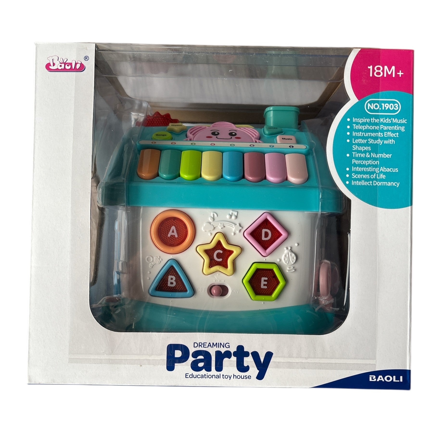 Educational toy house packaging with colorful buttons and letter shapes, brand 'BAOLI' visible.