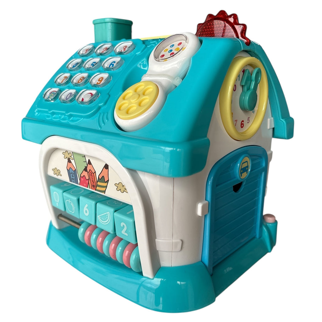 Toy cash register with colorful buttons and a white background