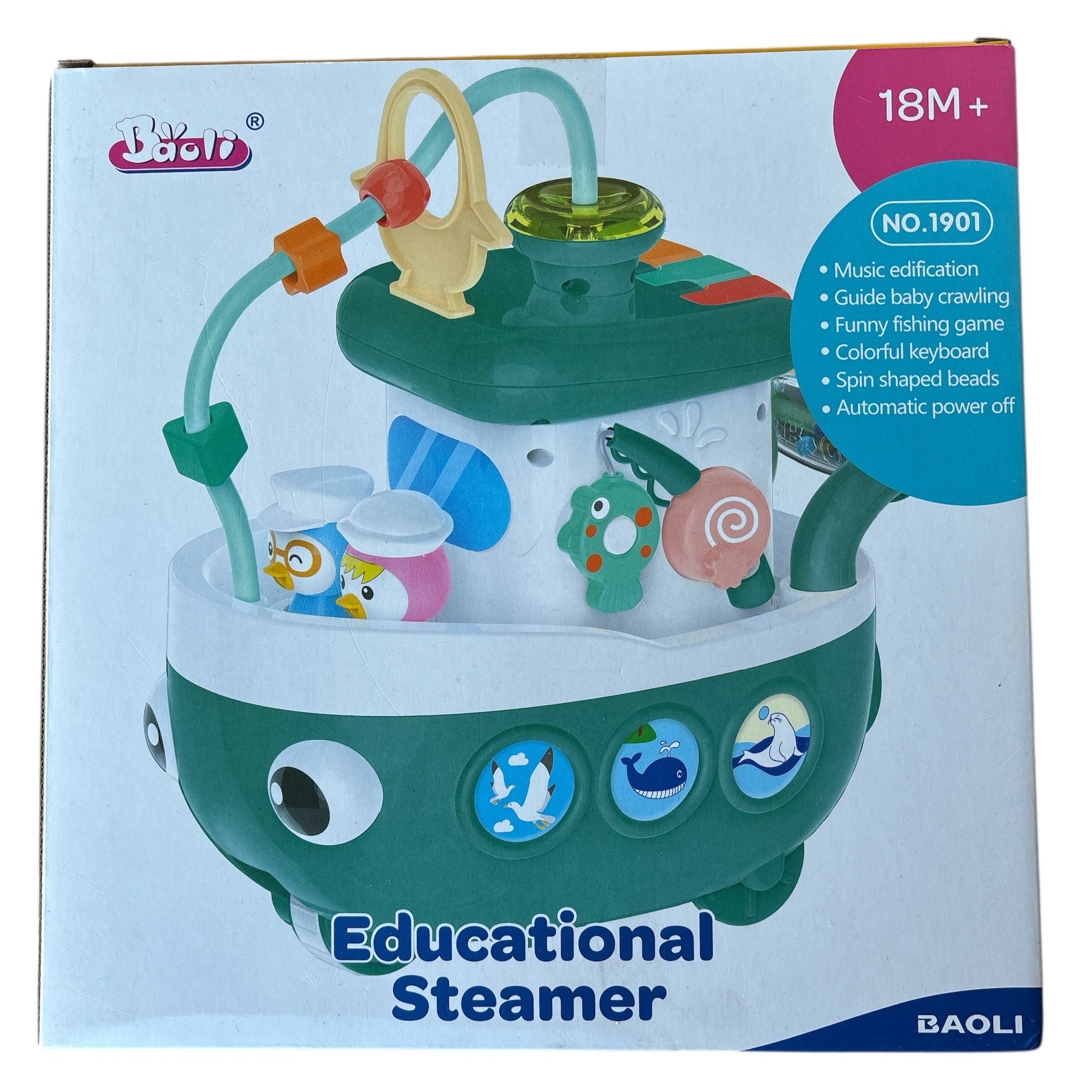 Colorful baby activity toy with various educational elements on a white background