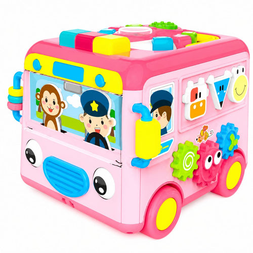 Colorful toy bus with cartoon characters on a white background