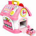 Pink toy cash register with a small car on a white background