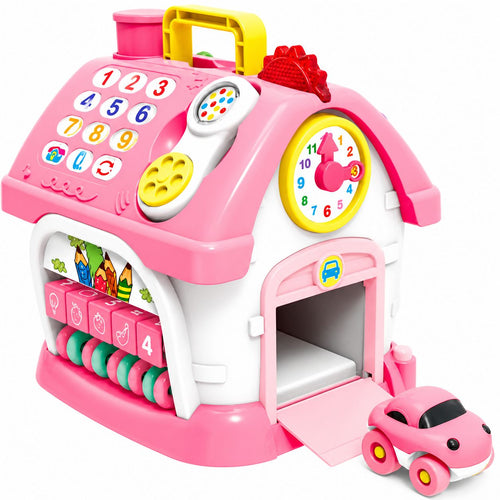 Pink toy cash register with a small car on a white background