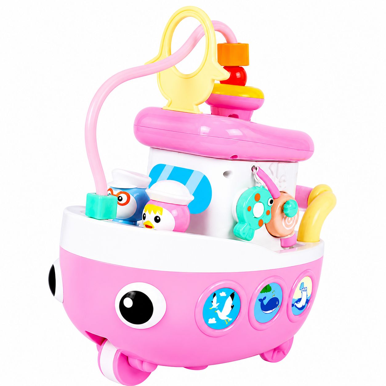 Pink toy boat with colorful toys on a white background