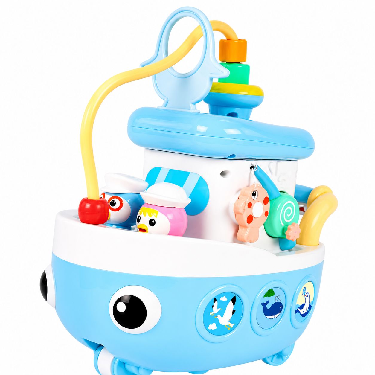 Colorful baby activity toy with various educational elements on a white background