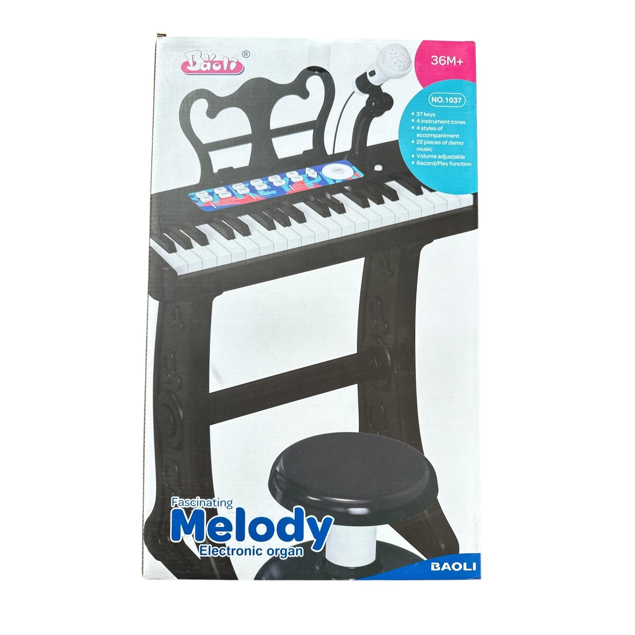 Box of a Melody electronic organ with a stool on a white background