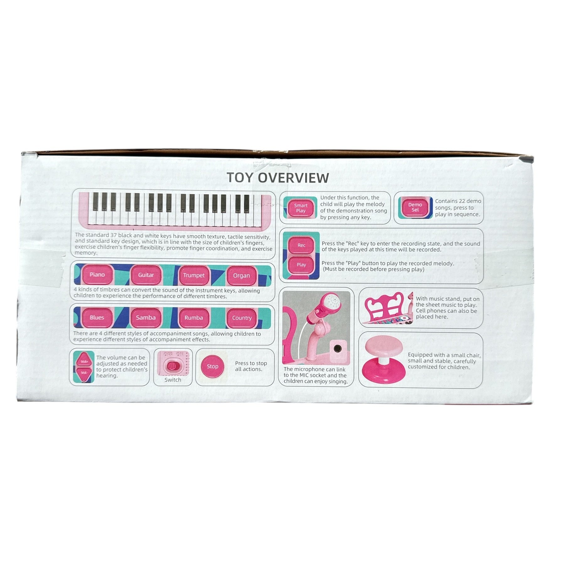 Toy packaging with a toy overview diagram on a white background