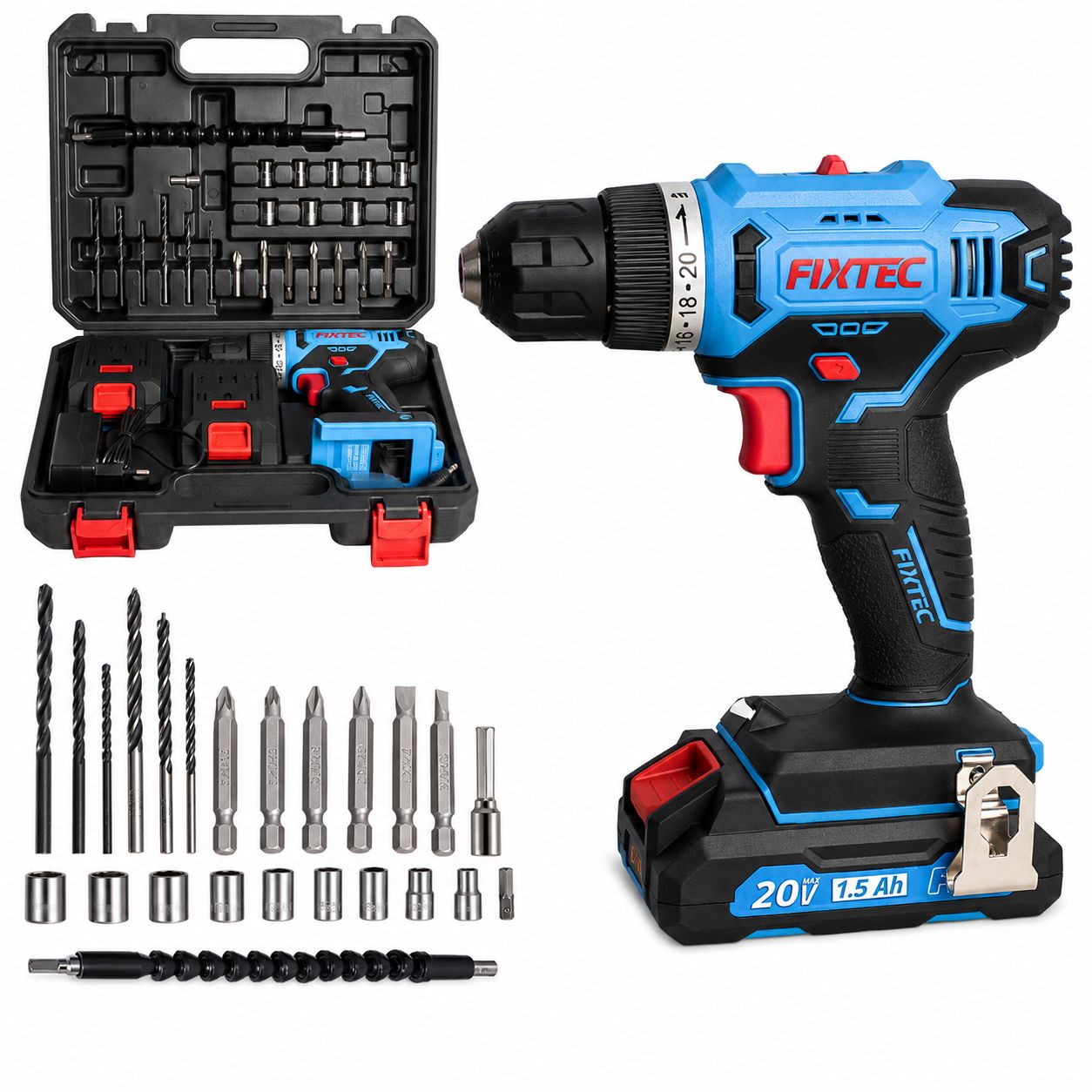 Fixtec cordless drill with accessories on a white background