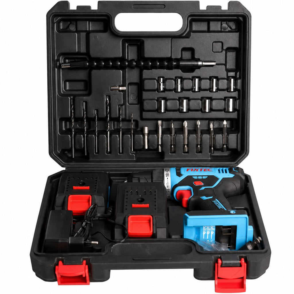 Drill set with drill bit set and drill in a black case on a white background