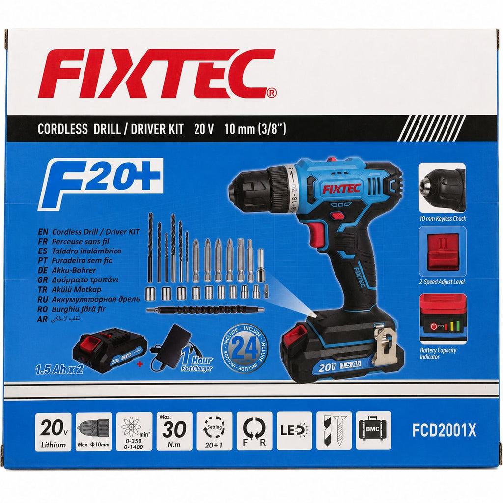 FIXTEC cordless drill/driver kit packaging with drill and accessories on a blue and white background