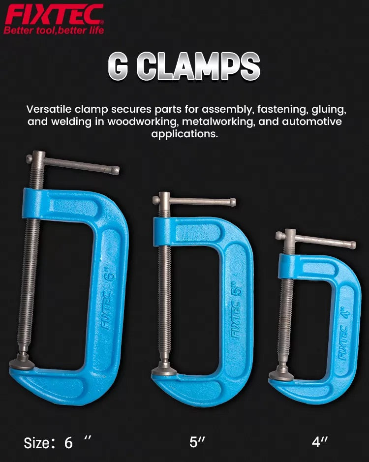 Three blue G-clamps of different sizes on a black background with FIXTEC branding.