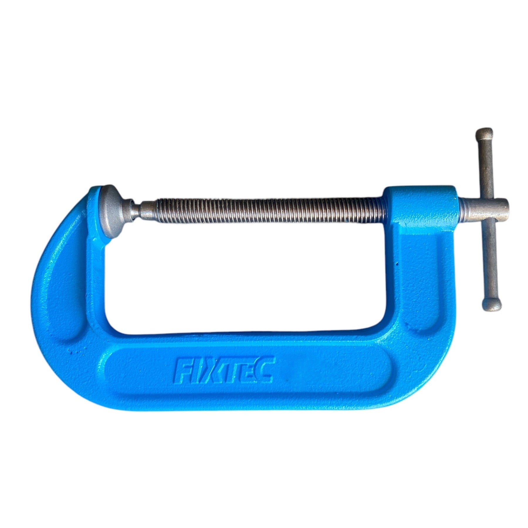 Blue C-clamp with 'FIXTEC' branding on a white background