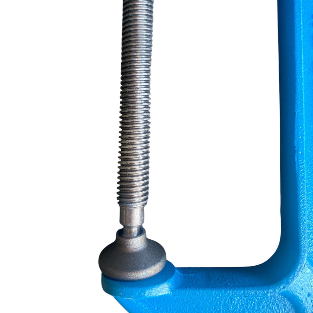 Blue C-clamp with a metal bolt on a white background