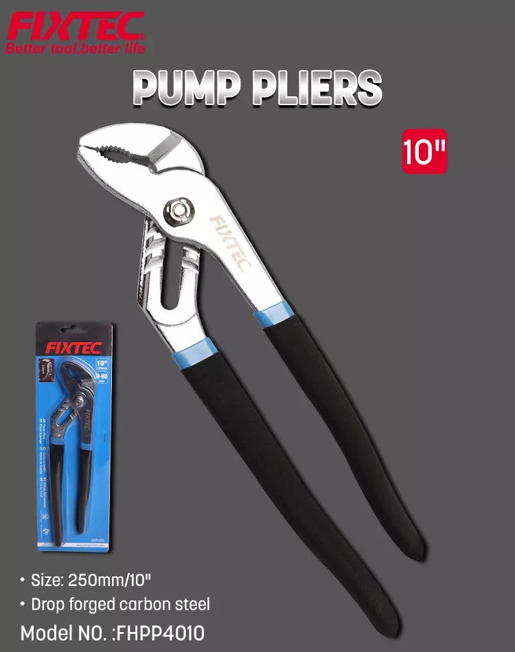 10-inch pump pliers with packaging on a gray background, featuring FIXTEC branding.