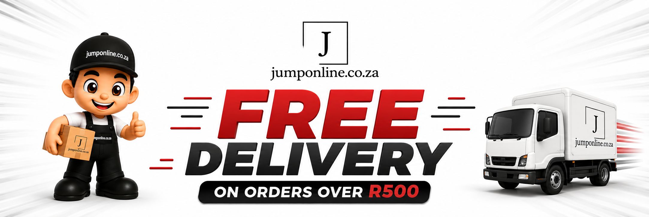 Advertisement for free delivery service with a character and truck on a white background