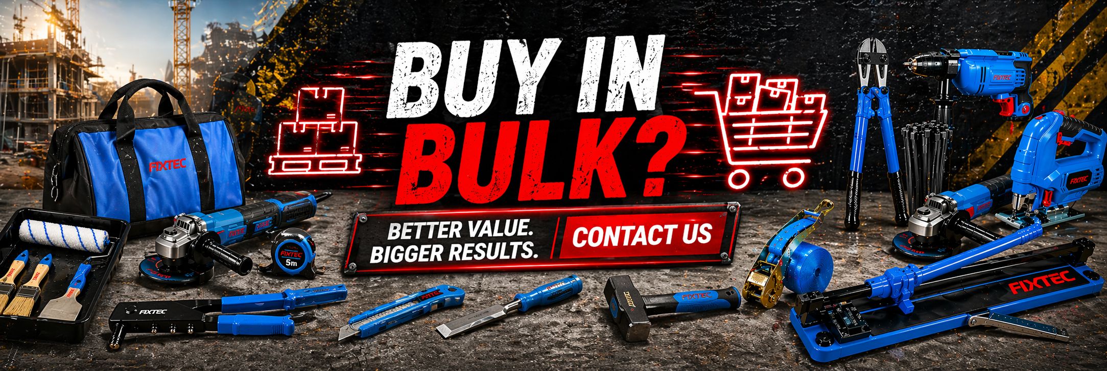 Promotional banner with tools and text encouraging bulk buying