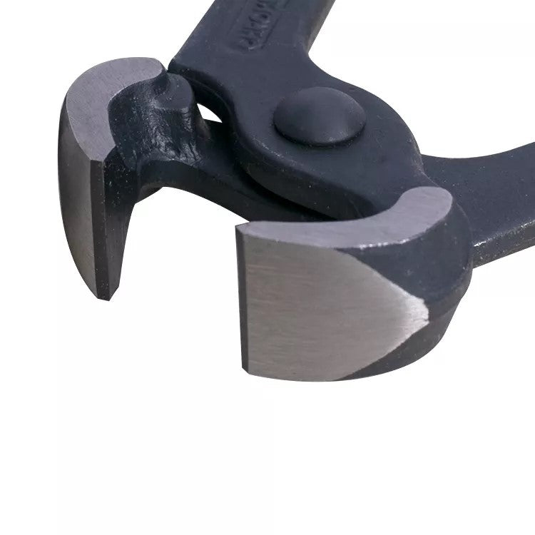 Close-up of a pair of black metal pliers on a white background