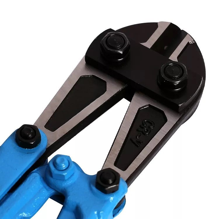 Close-up of a blue and black pipe cutter on a white background