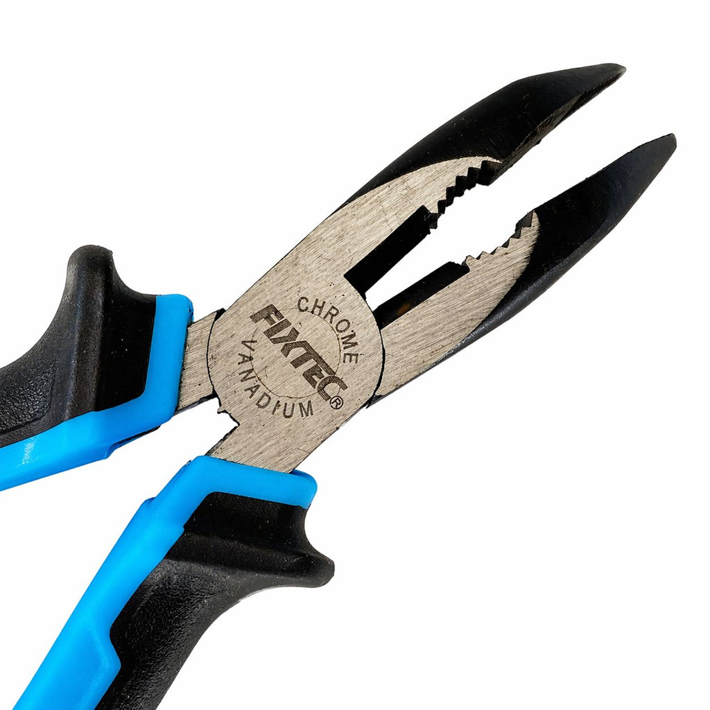 Pair of pliers with blue and black handles on a white background