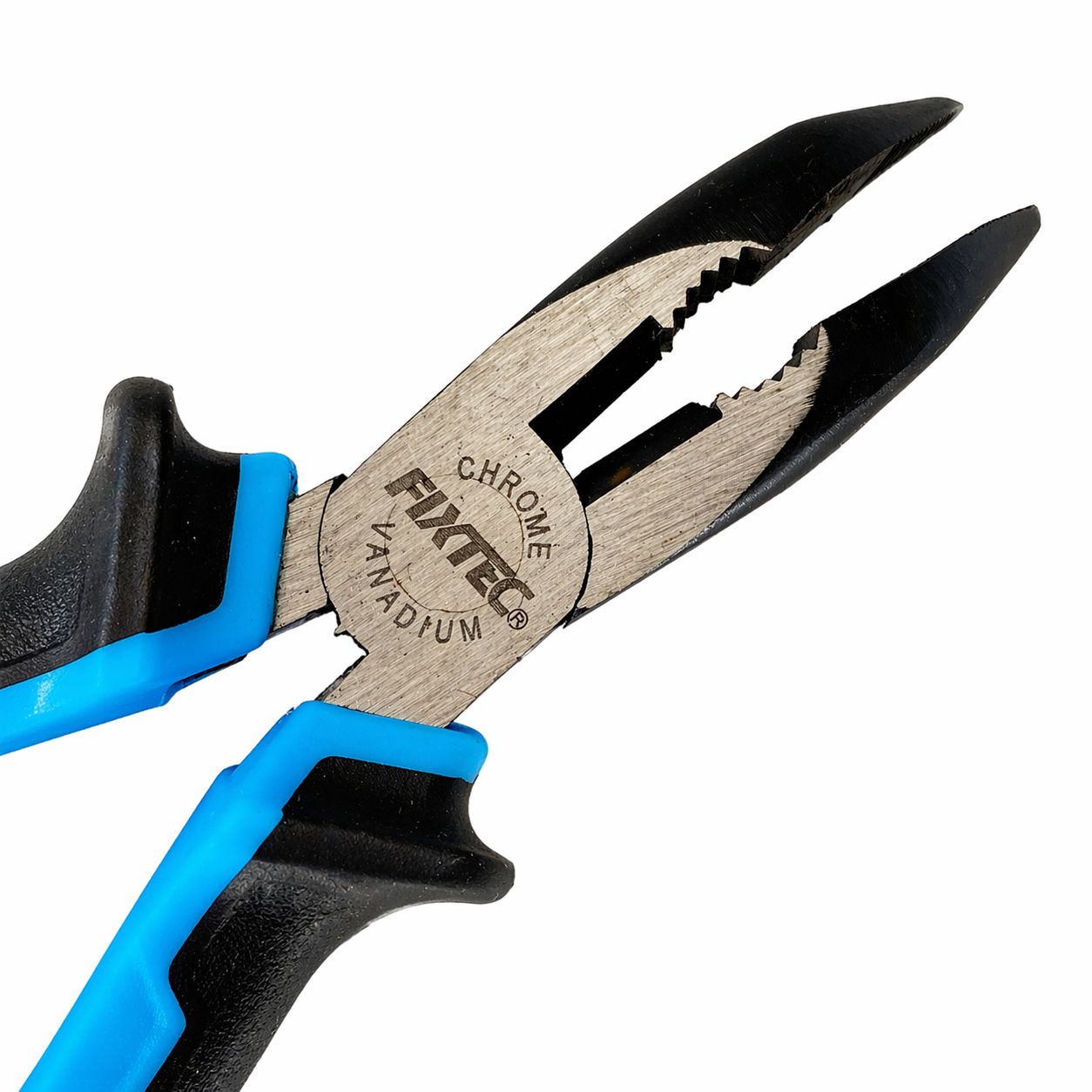 Pair of pliers with blue and black handles on a white background