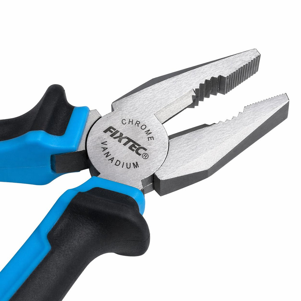 Pair of pliers with blue and black handles and Fixtec branding on a white background