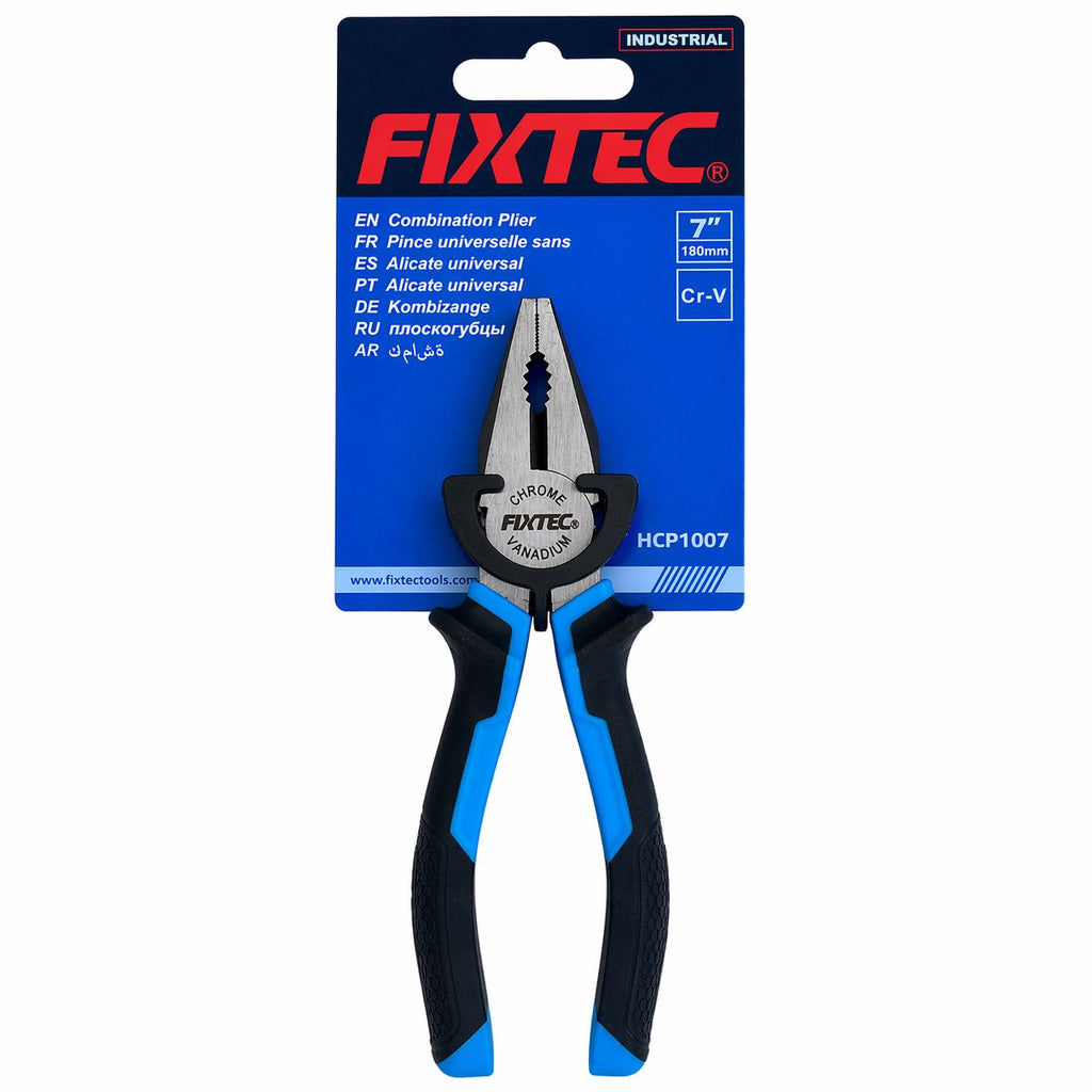 FIXTEC pliers with blue and black handles on a white background