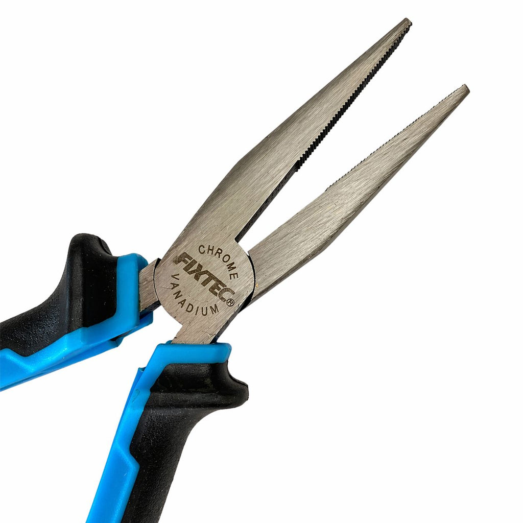 Pair of pliers with blue and black handles on a white background