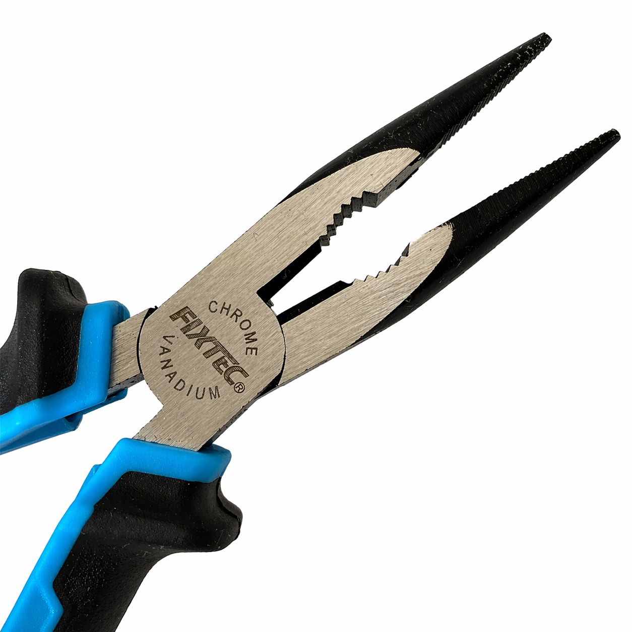 Pair of pliers with blue and black handles on a white background