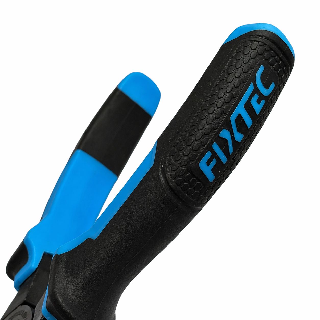 Black and blue gardening tool handle with 'Fixtec' branding on a white background
