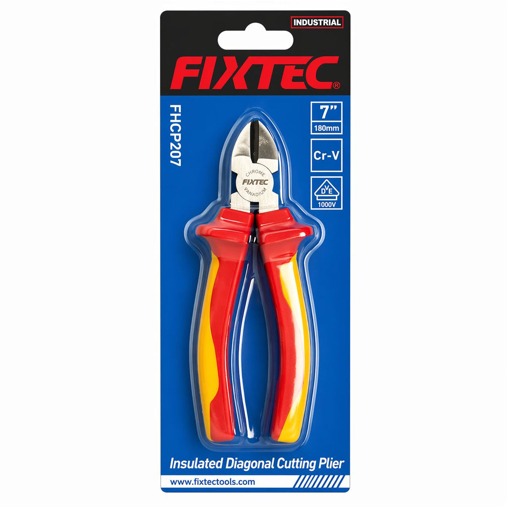 FIXTEC insulated diagonal cutting pliers packaging on a white background
