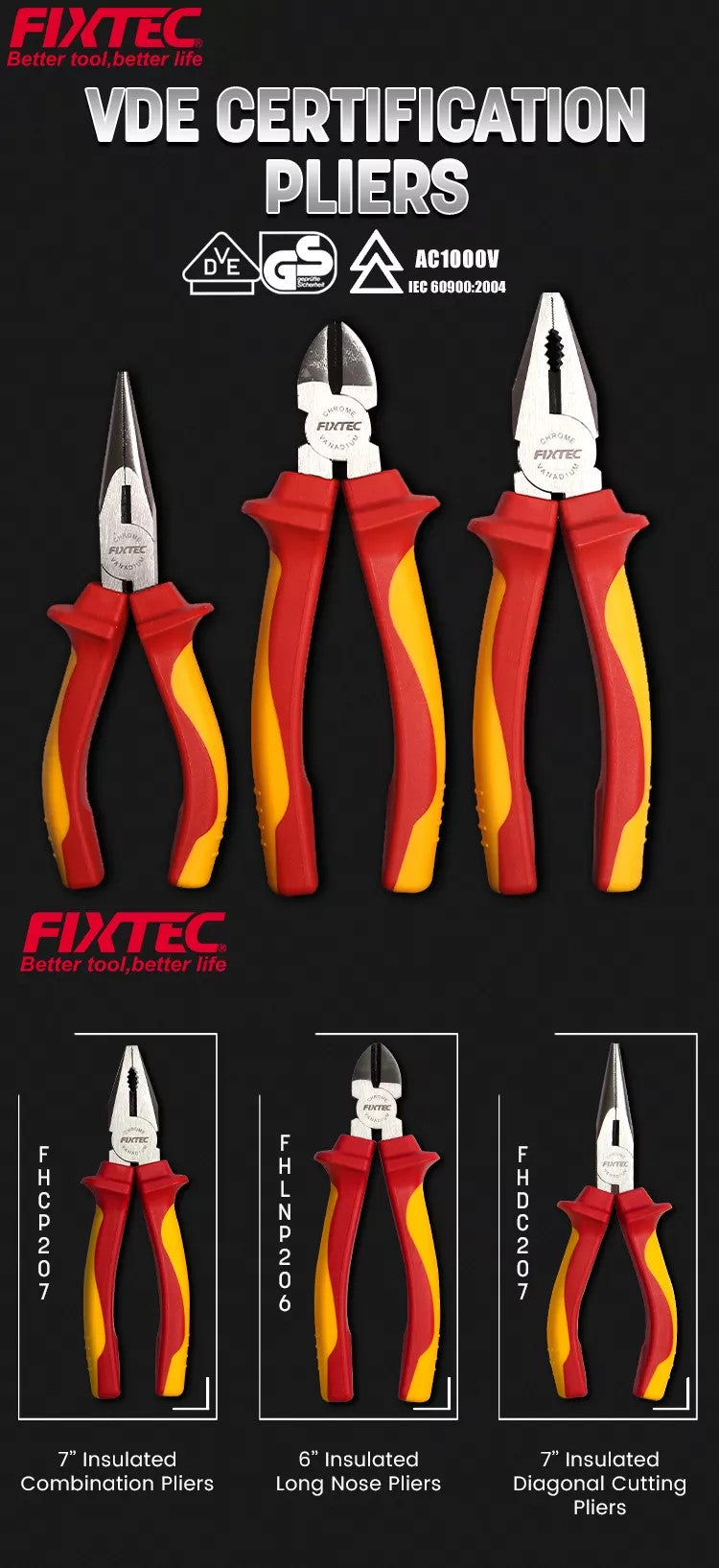 Set of FIXTEC VDE certification pliers with red and yellow handles on a black background.