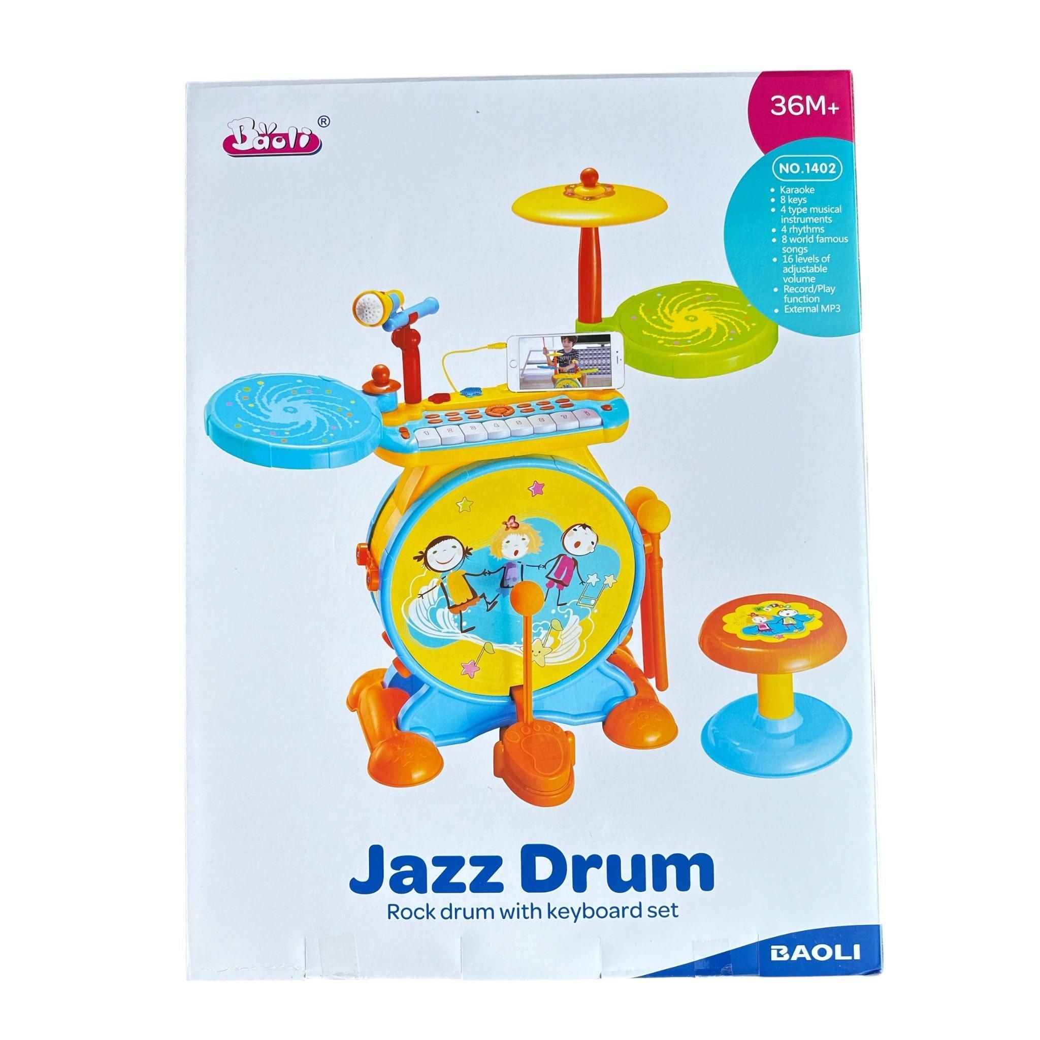 Box of a toy jazz drum set with keyboard, featuring the brand 'BAOLI'.