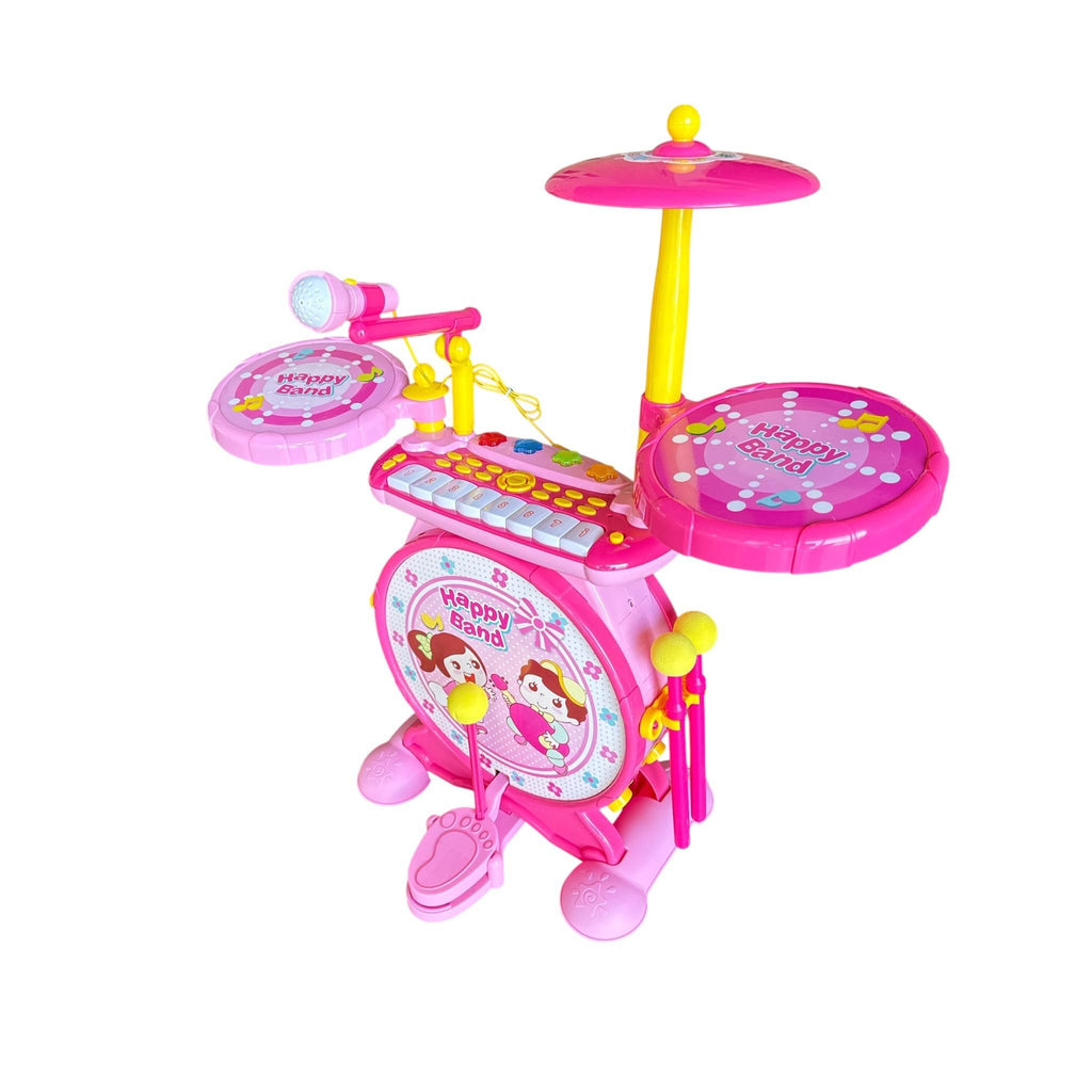 Pink toy drum set with microphone on a white background