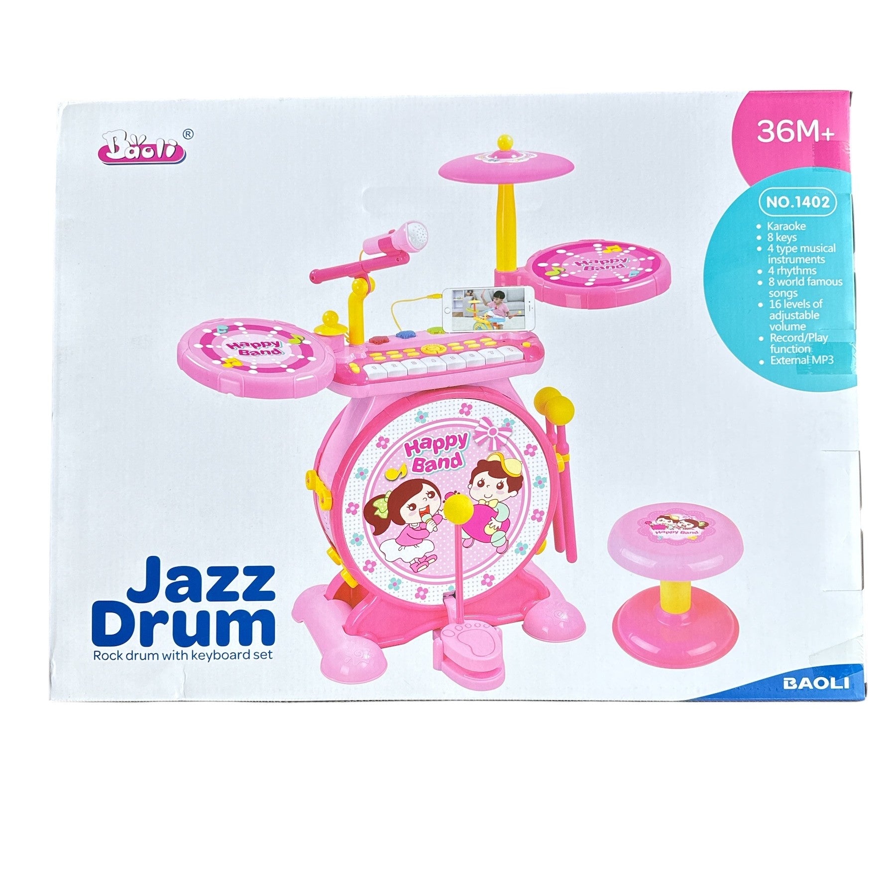 Pink toy drum set with keyboard on a white box packaging
