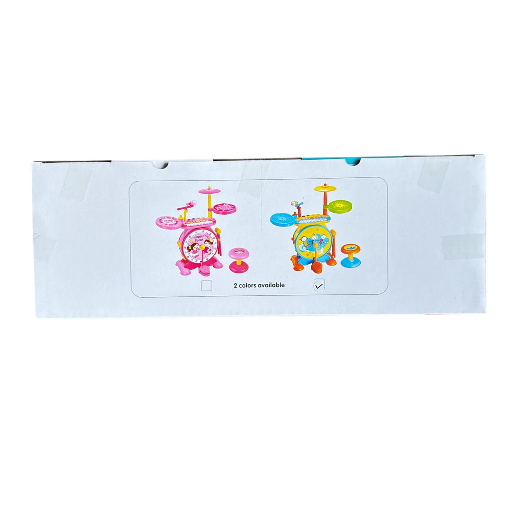 Toy drum set packaging with colorful illustrations on a white background