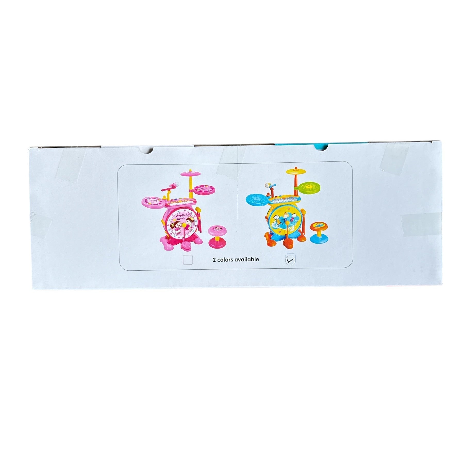 Toy drum set packaging with colorful illustrations on a white background