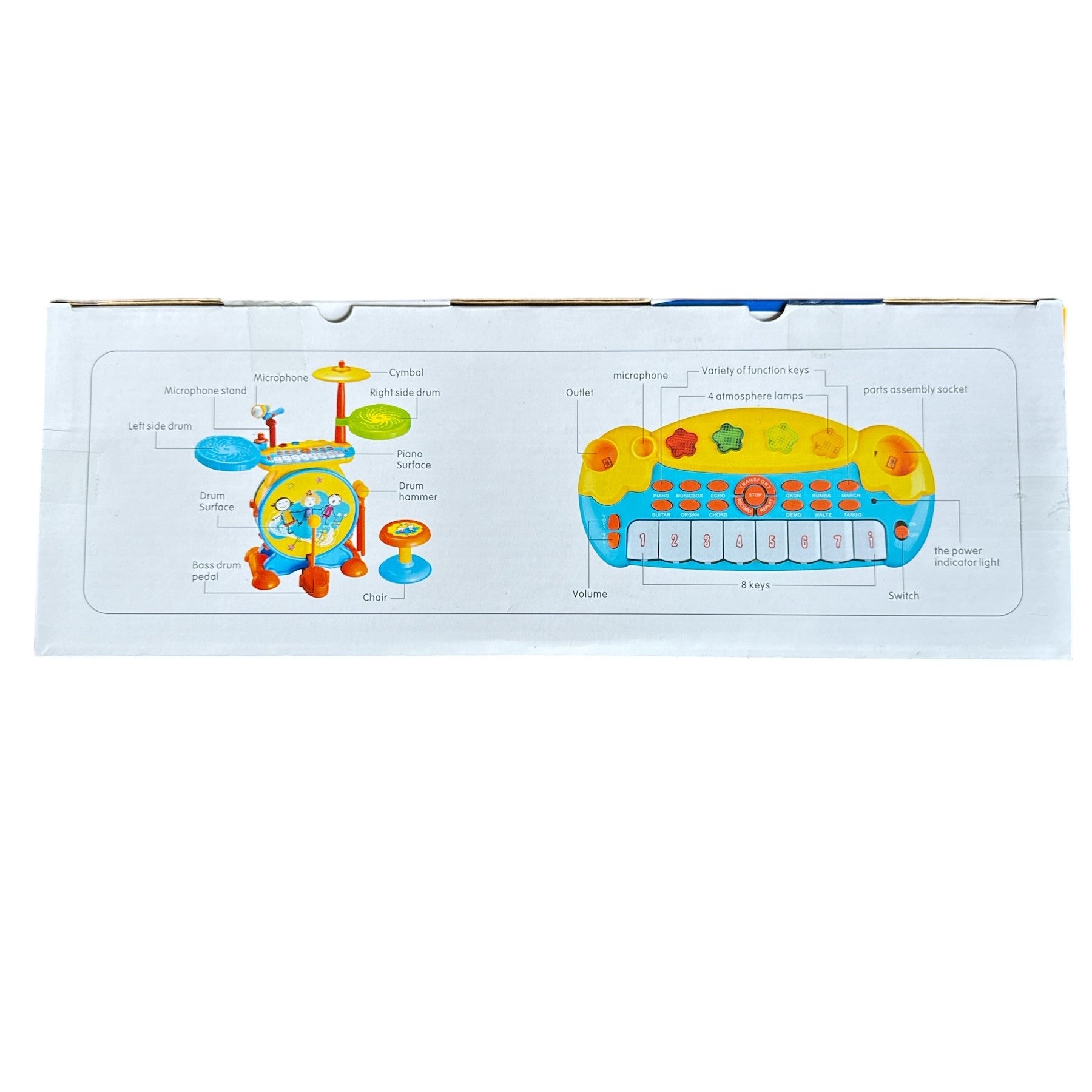 Toy packaging with colorful illustrations of toys on a white background