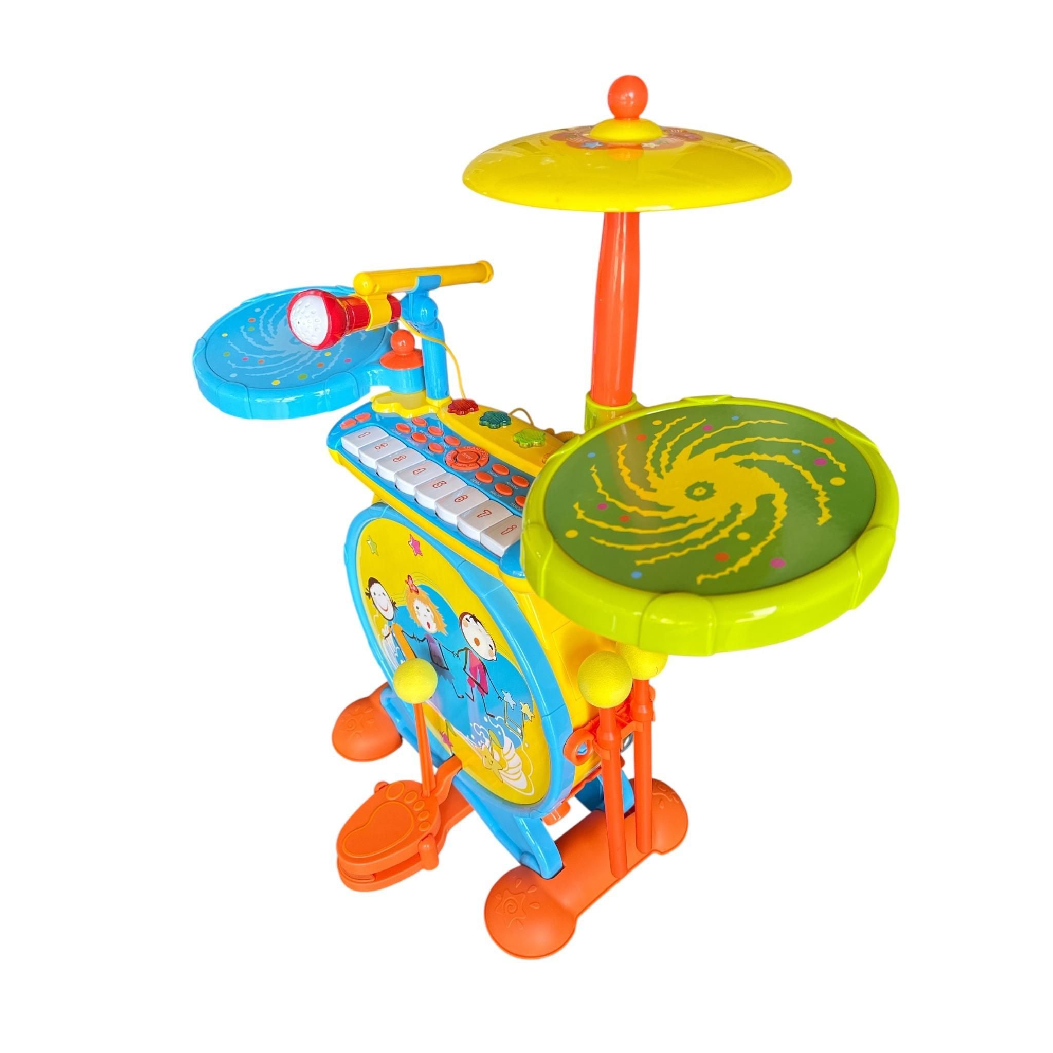 Colorful toy drum set on a white background