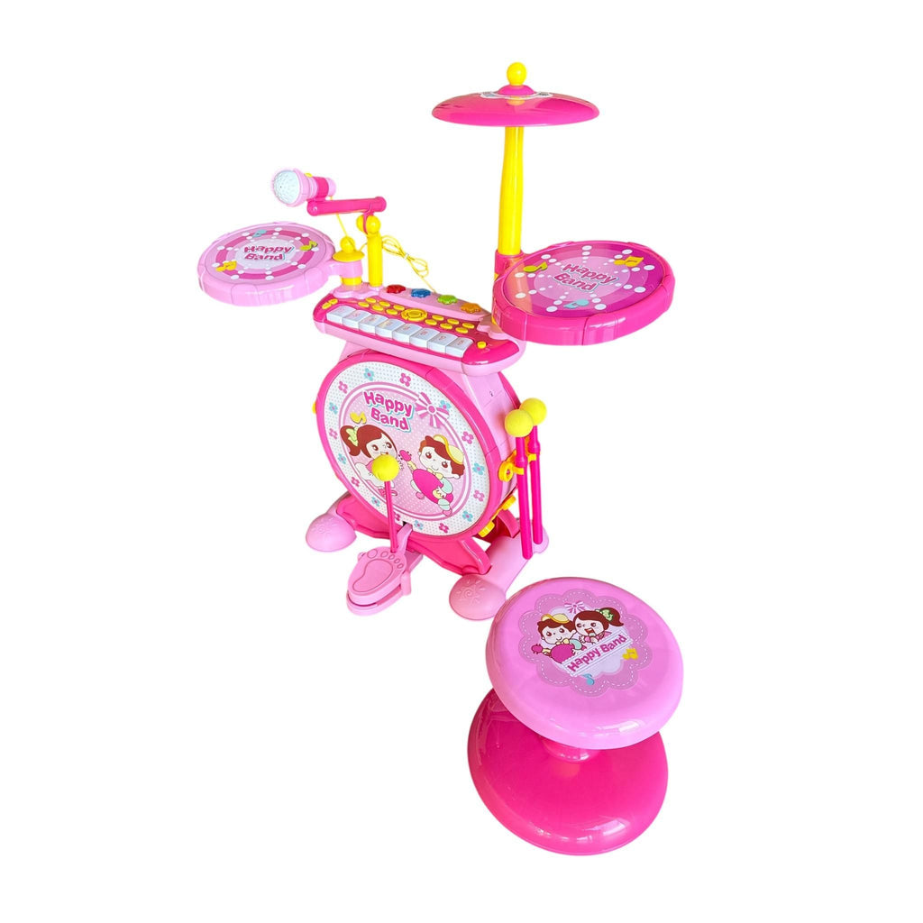 Pink toy drum set with cartoon characters on a white background
