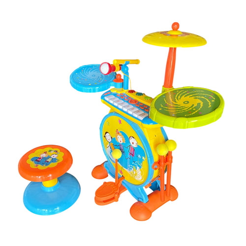 Colorful toy musical instrument set with keyboard, drums, and stool on a white background
