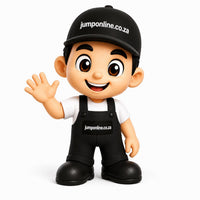 Animated character wearing a black cap and overalls with 'jumponline.co.za' on a white background