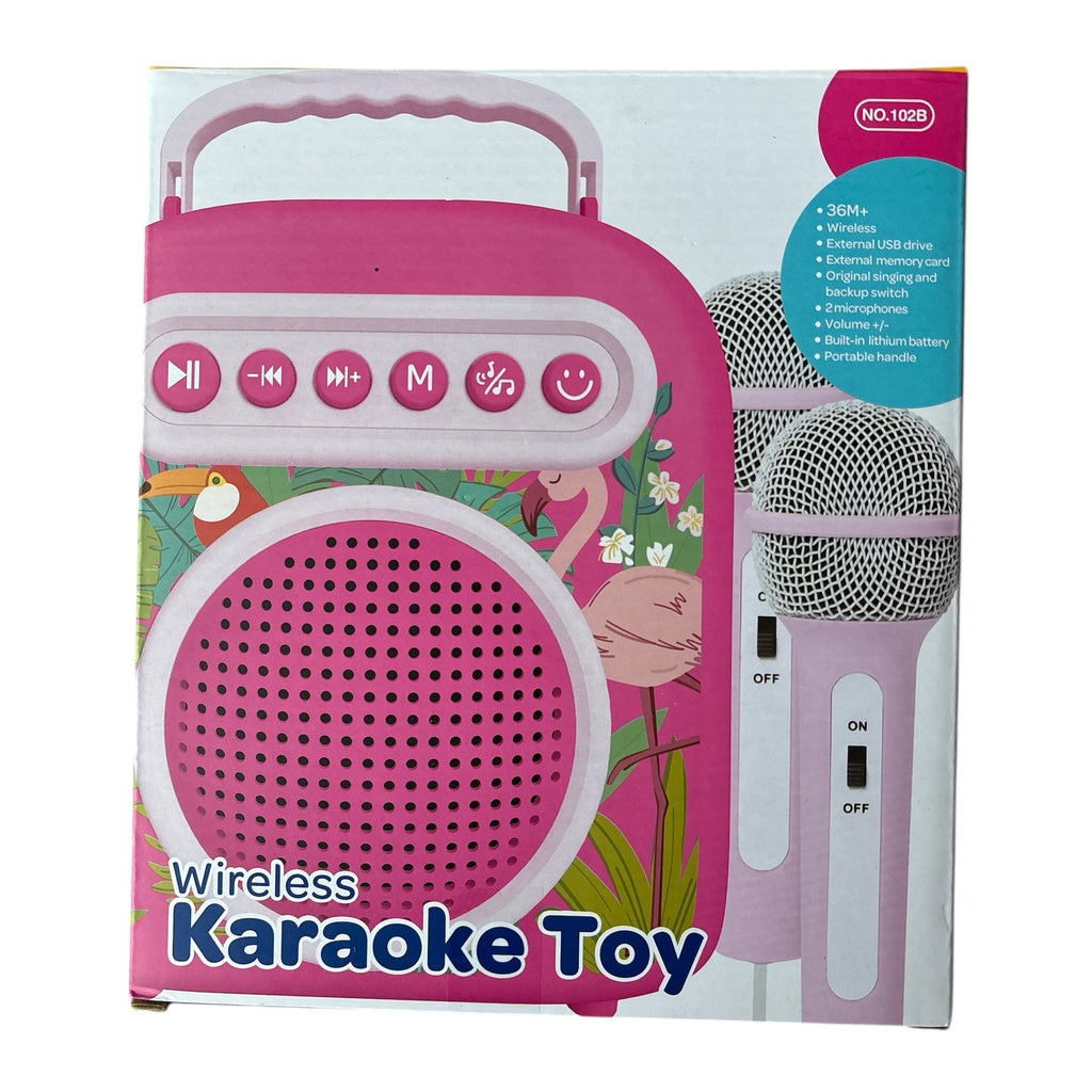 Pink karaoke toy with microphone on a white background