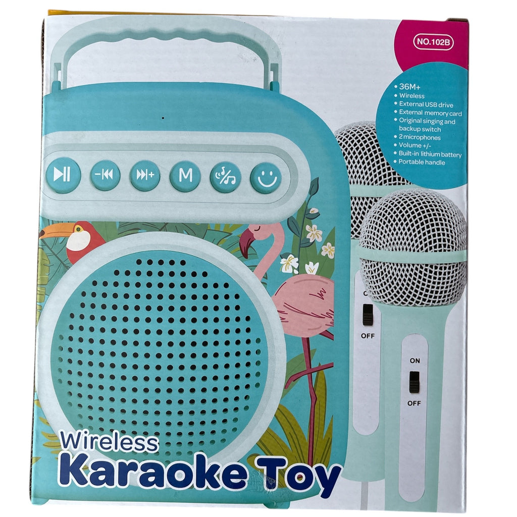 Box of a wireless karaoke toy with a microphone and flamingo design.