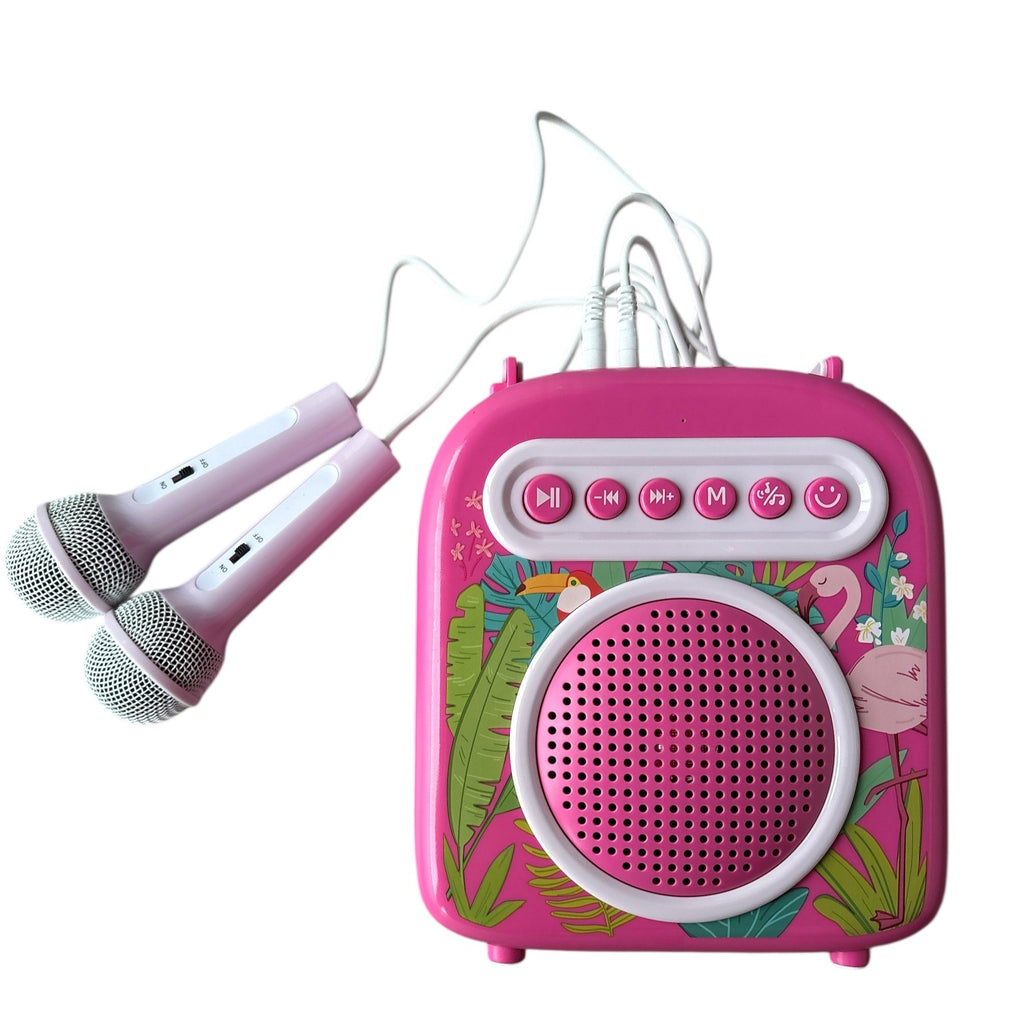 Pink children's microphone and speaker set with floral design on a white background