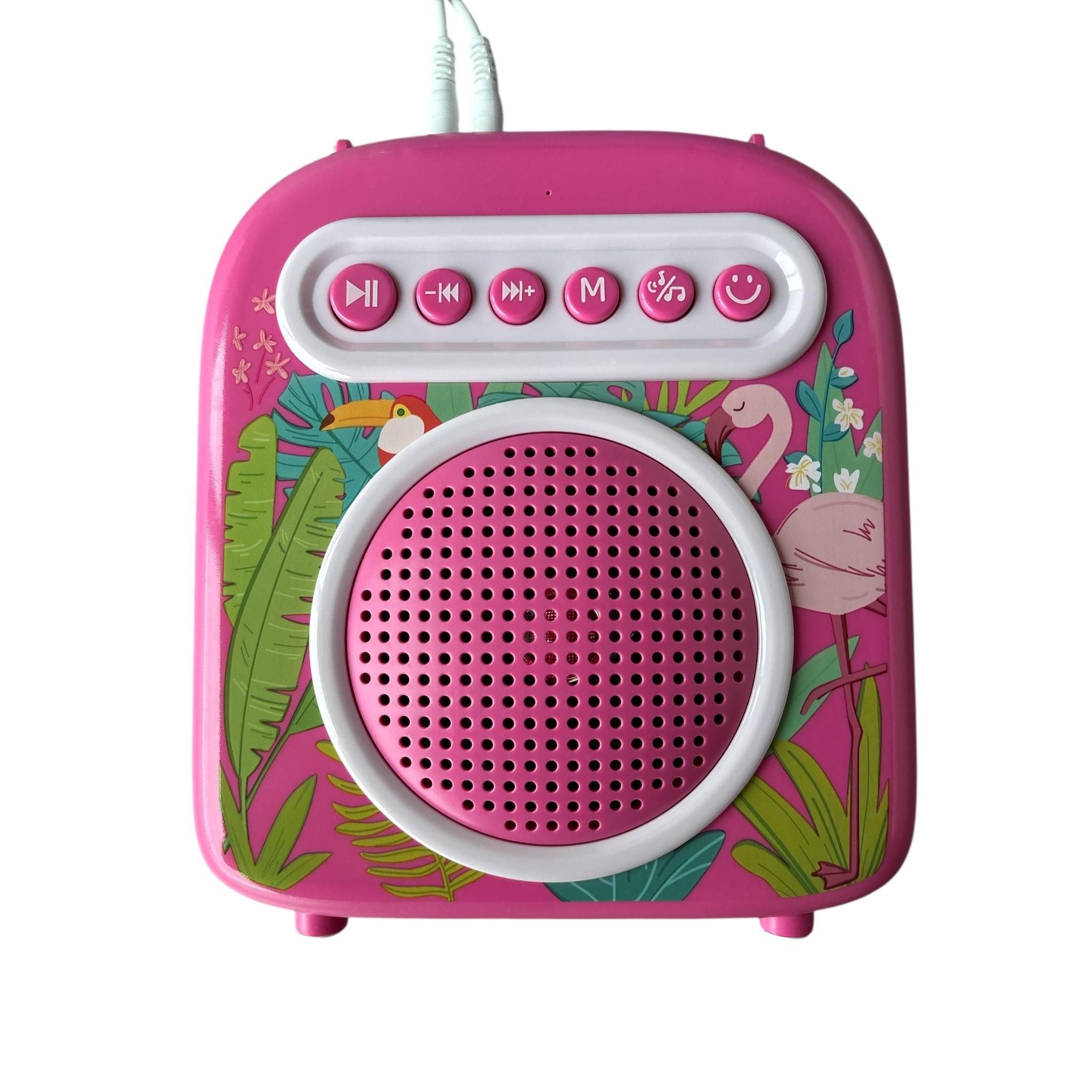 Pink children's speaker with floral design on a white background