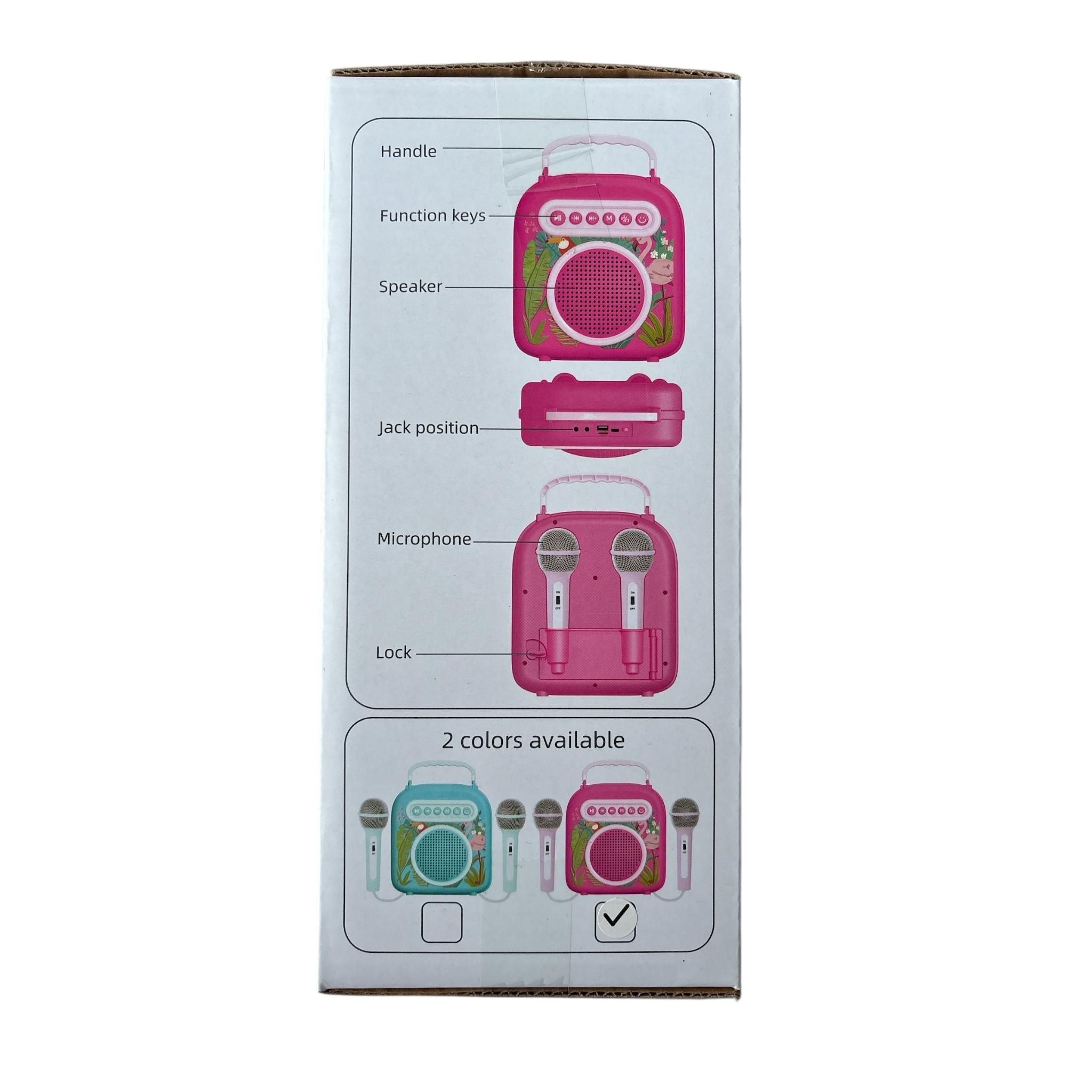 Product packaging with a pink karaoke machine illustration and labeled parts on a white background.