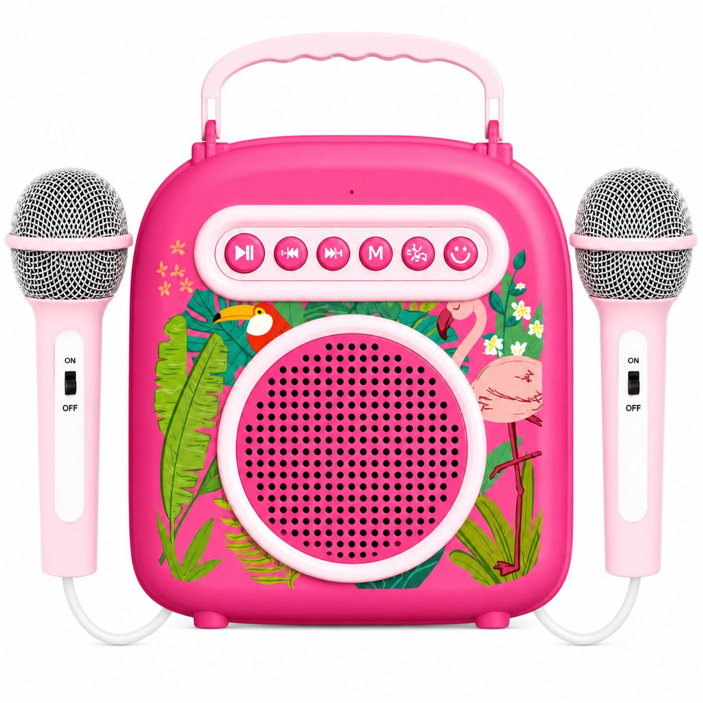 Pink portable speaker with microphone attachments on a white background