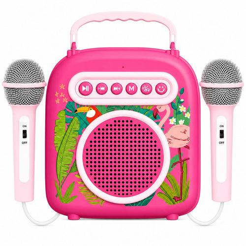 Pink portable speaker with microphone attachments on a white background