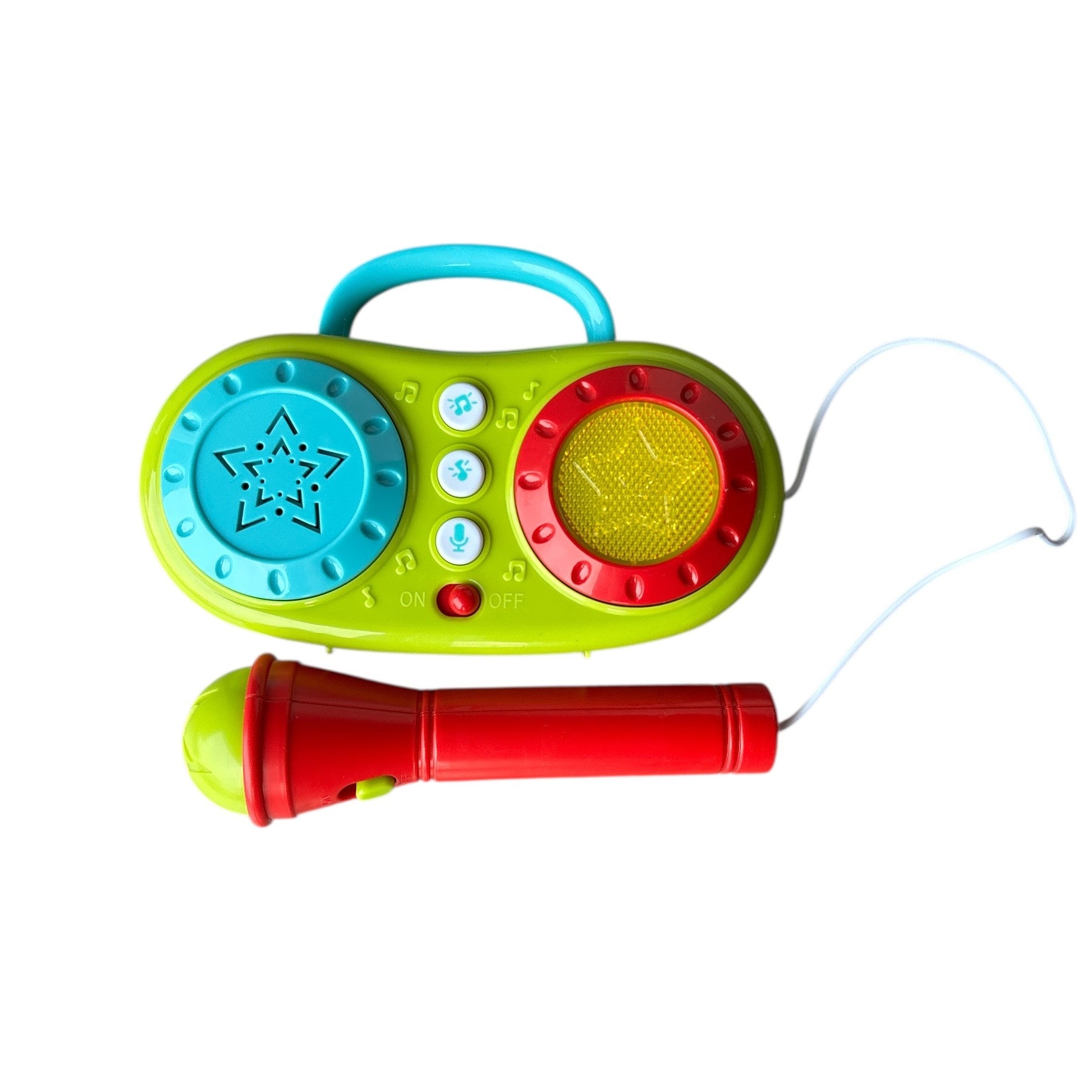 Colorful toy radio and microphone set on a white background